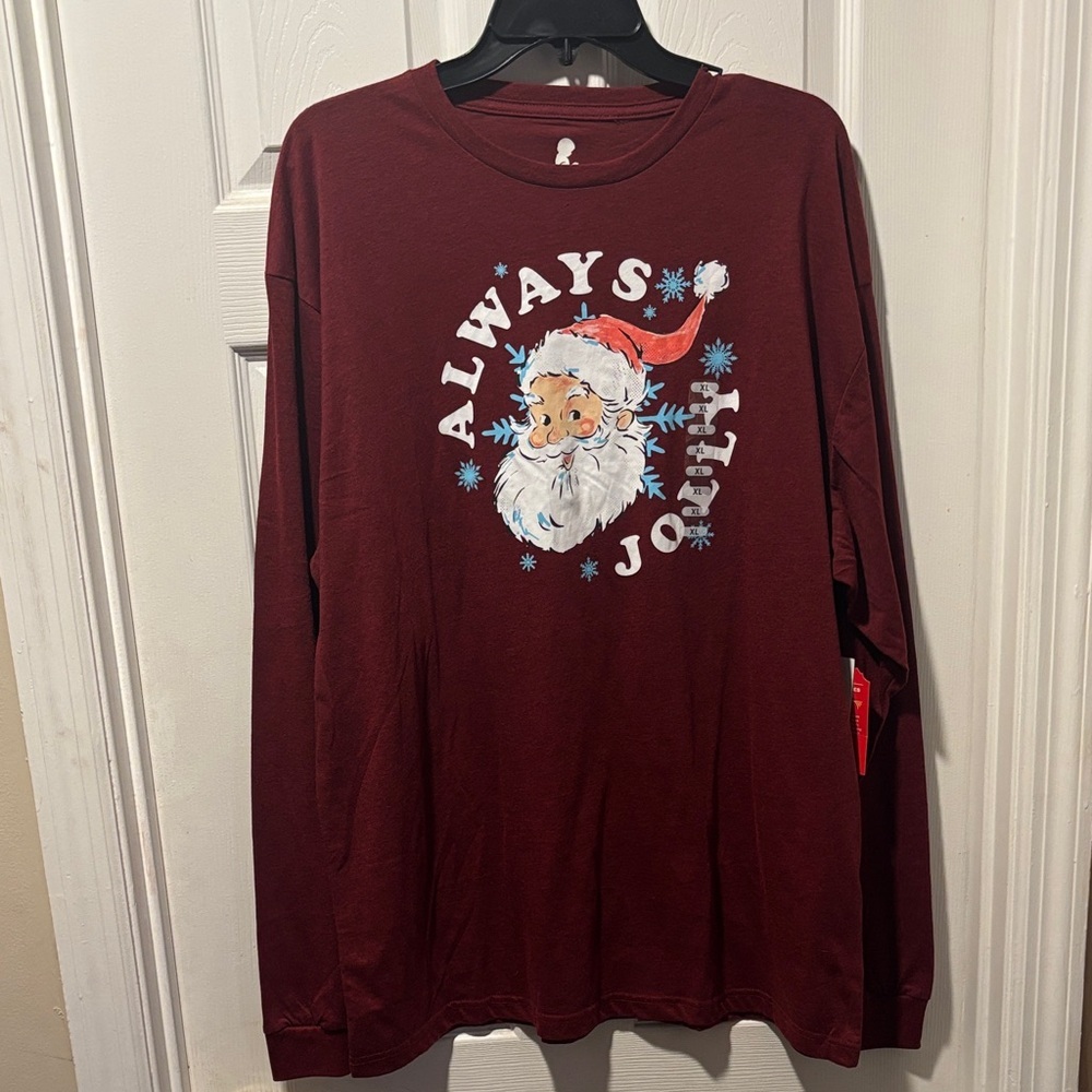 Mens Long-Sleeve Graphic Tee - Burgundy 'Always Jolly' Santa